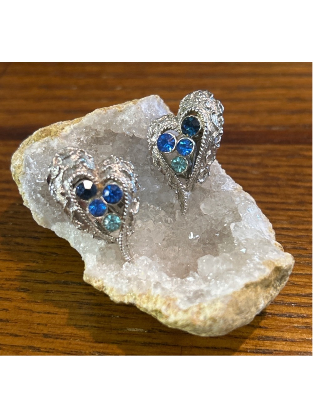 Women's Corp Silver Heart Clip-On Earrings with Blue Rhinestones, One Size